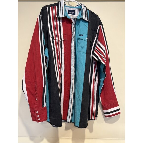 RARE Wrangler Pearl Snap Brushpopper Shirt XXL BLACK TEAL WHITE RED STRIPE Vtg